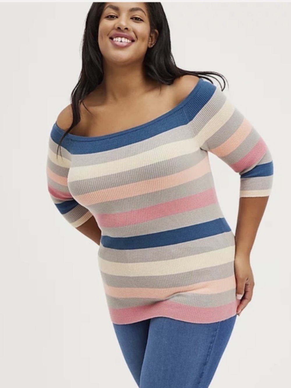 NWT Torrid Off Shoulder Ribbed Sweater 2X Multi Stripe 3/4 Sleeve Fitted Top